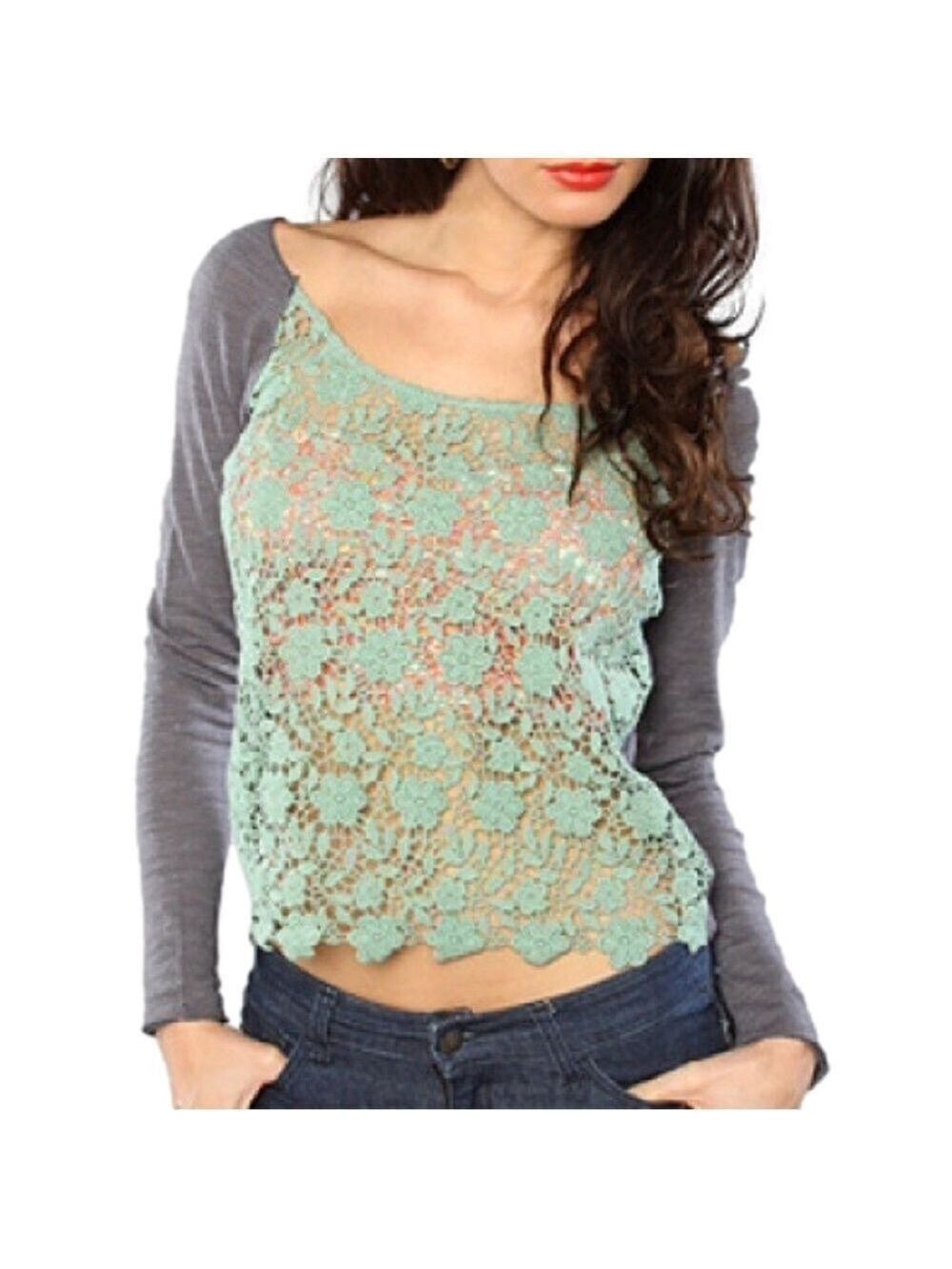 FREE PEOPLE Crochet Mint Green & Gray Lace Front Top Size S
